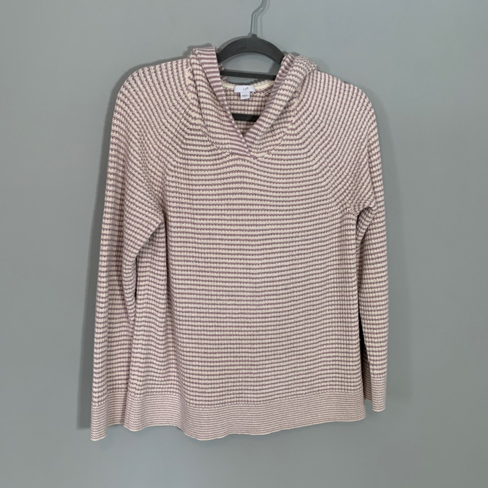 J. Jill Womens Striped Hooded Raglan Sweater Medium Cotton Blend V-Neck